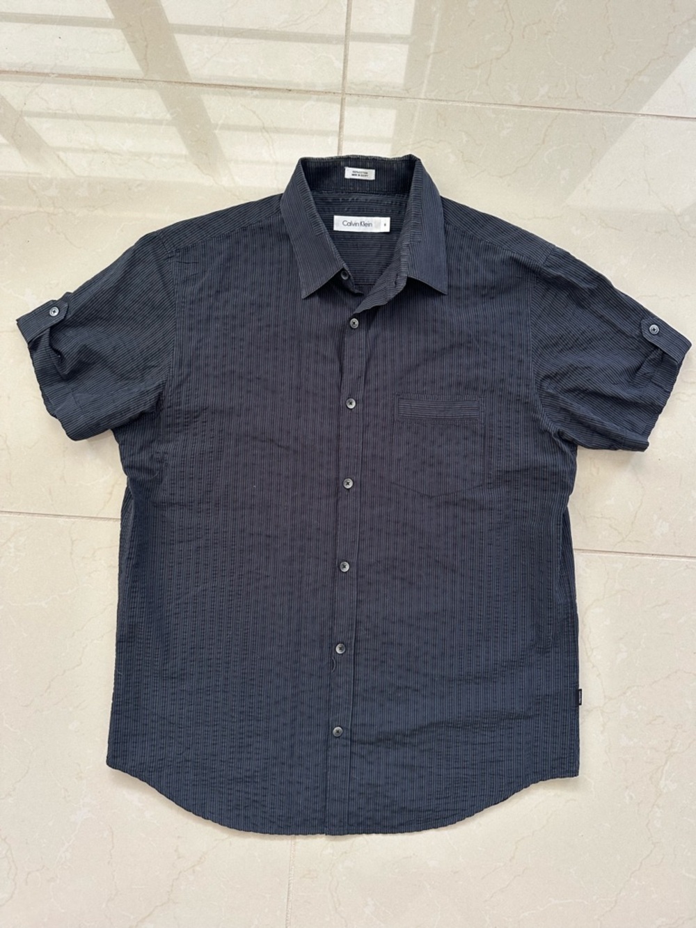 Calvin Klein Men's Short-Sleeve Textured Button-Up Shirt - Black w Blue Stripes